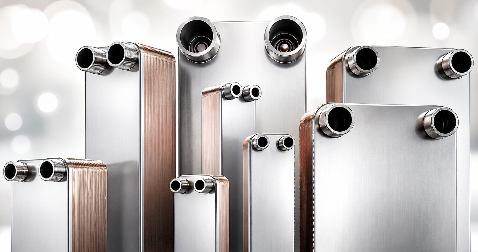 Image needed: Copper brazed plate heat exchangers of several plate counts